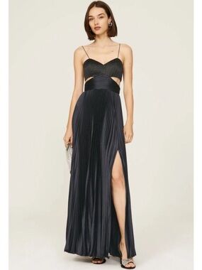 AMUR Black Satin Pleated Bustier Rib Cut-Outs Elodie  A-Line Gown Size 4